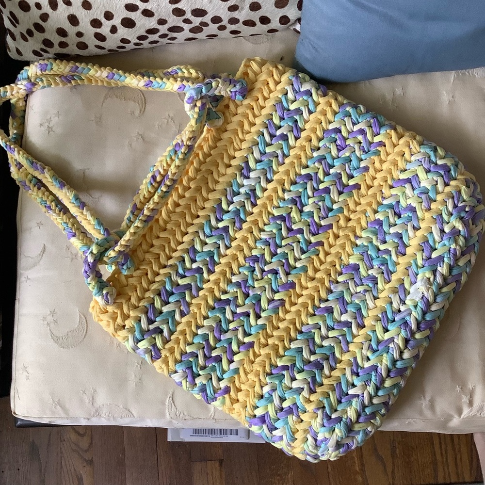 Handwoven Yellow Crochet Tote with Pastel Accents